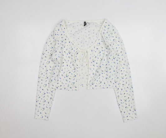 H&M Divided Women's White Floral Cropped Tie Front Long Sleeve Top Size 14