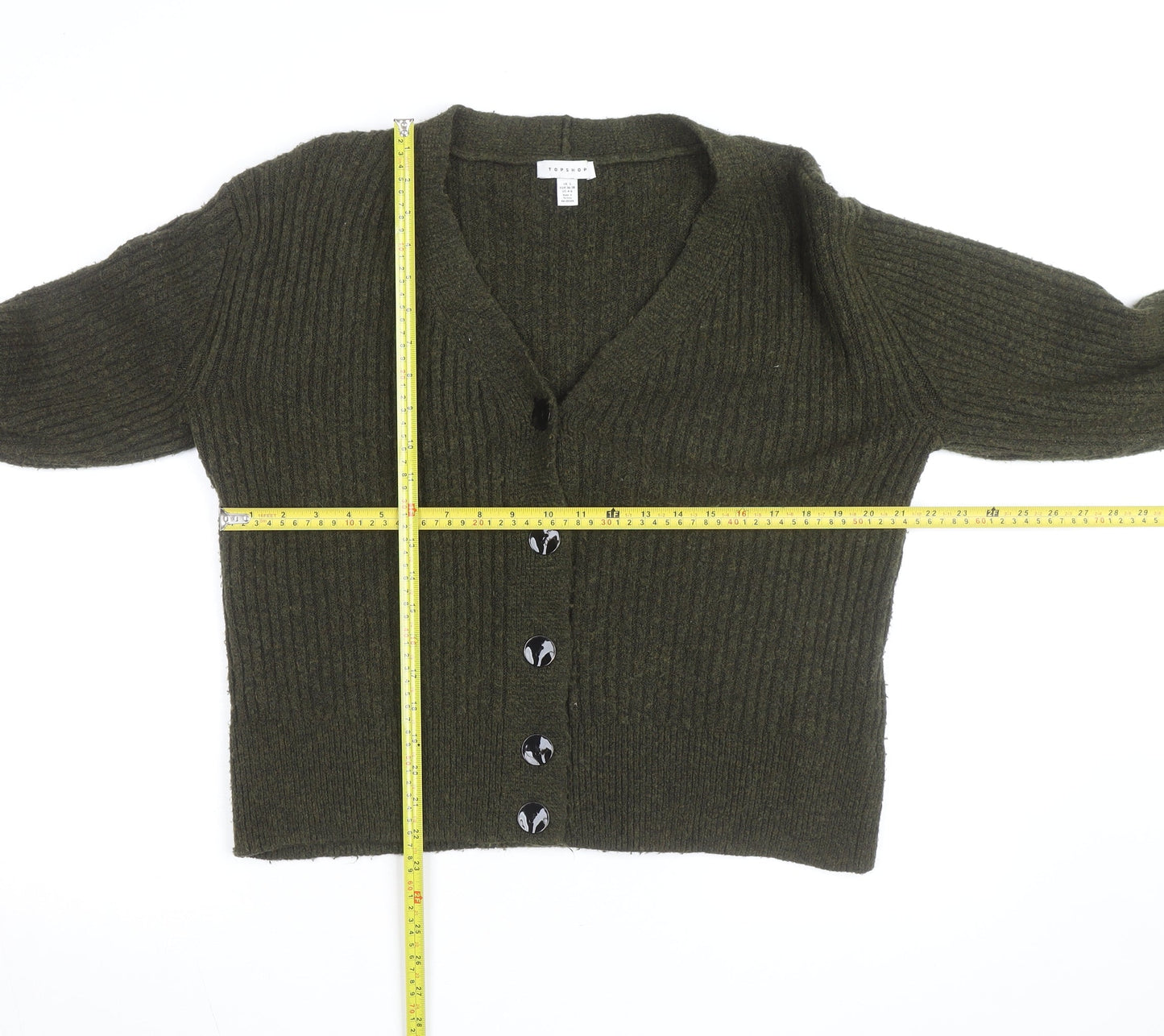 Topshop Women's Green V-Neck Ribbed Button Cardigan Size S