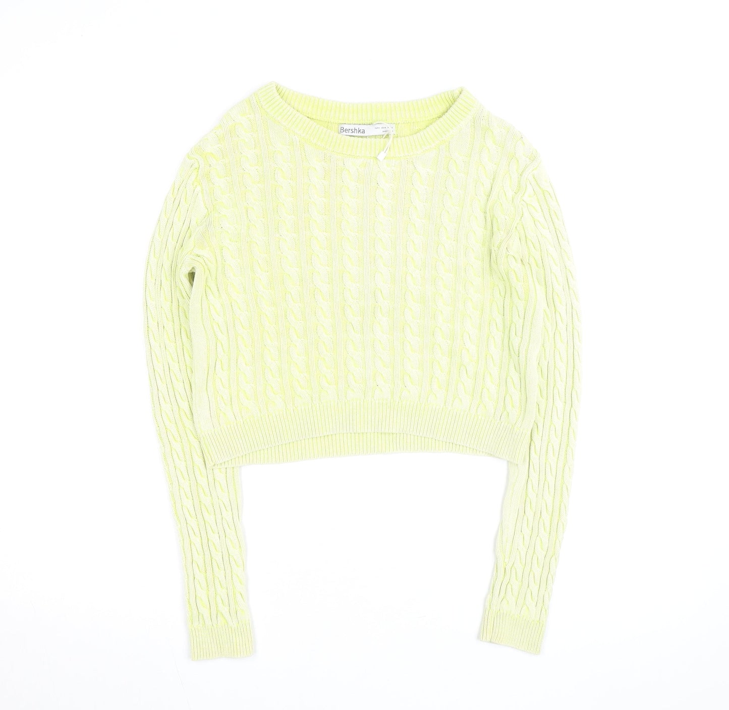 Bershka Women Yellow Cable Knit Crew Neck Jumper Size 12