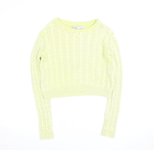 Bershka Women Yellow Cable Knit Crew Neck Jumper Size 12