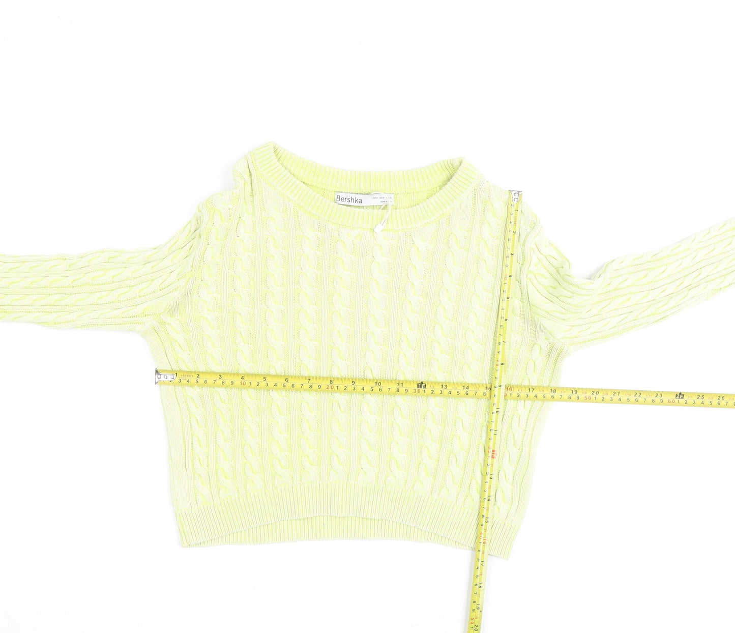 Bershka Women Yellow Cable Knit Crew Neck Jumper Size 12