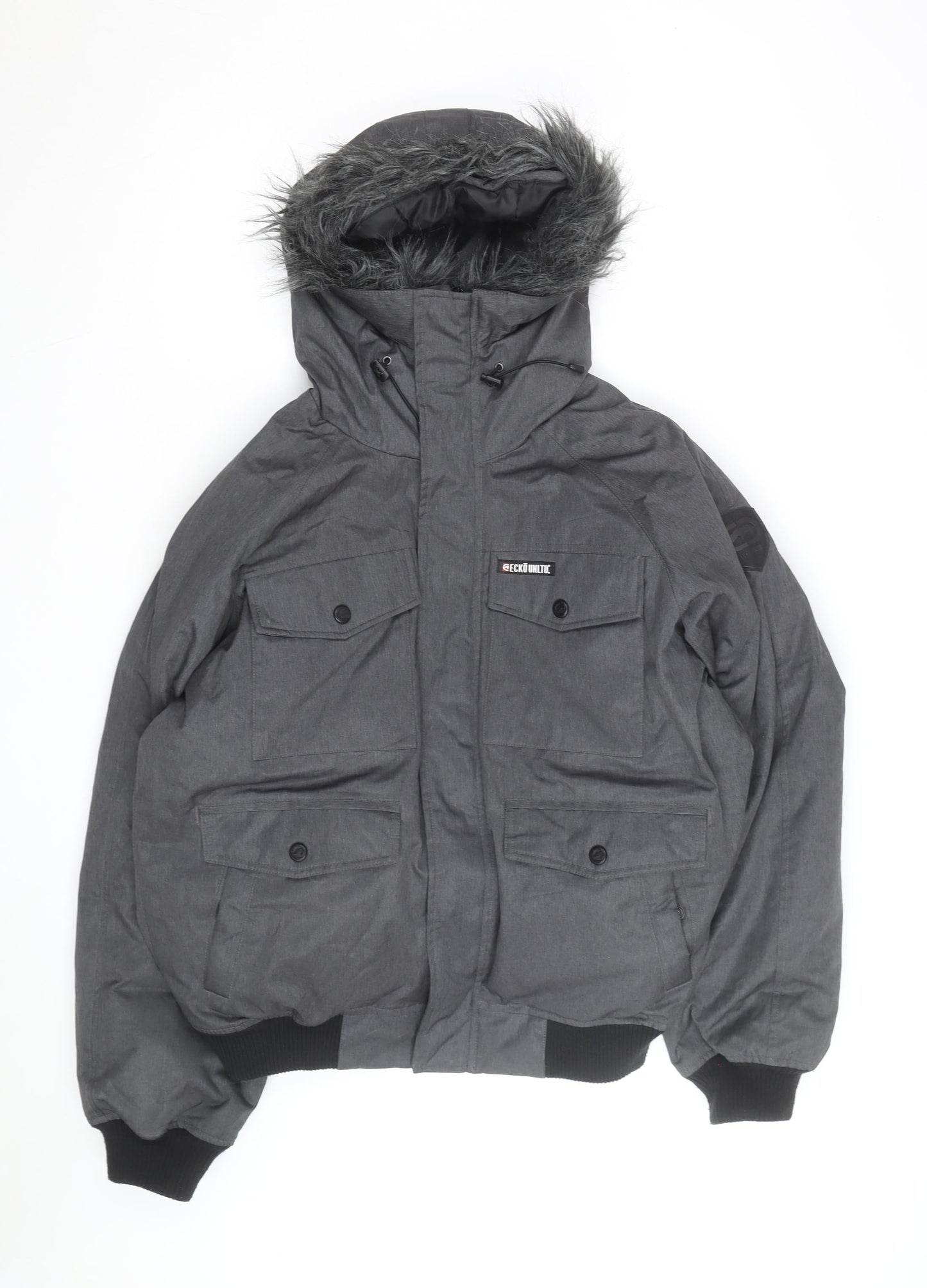 Ecko Unltd Men Grey Puffer Jacket M Hooded Down Winter Coat