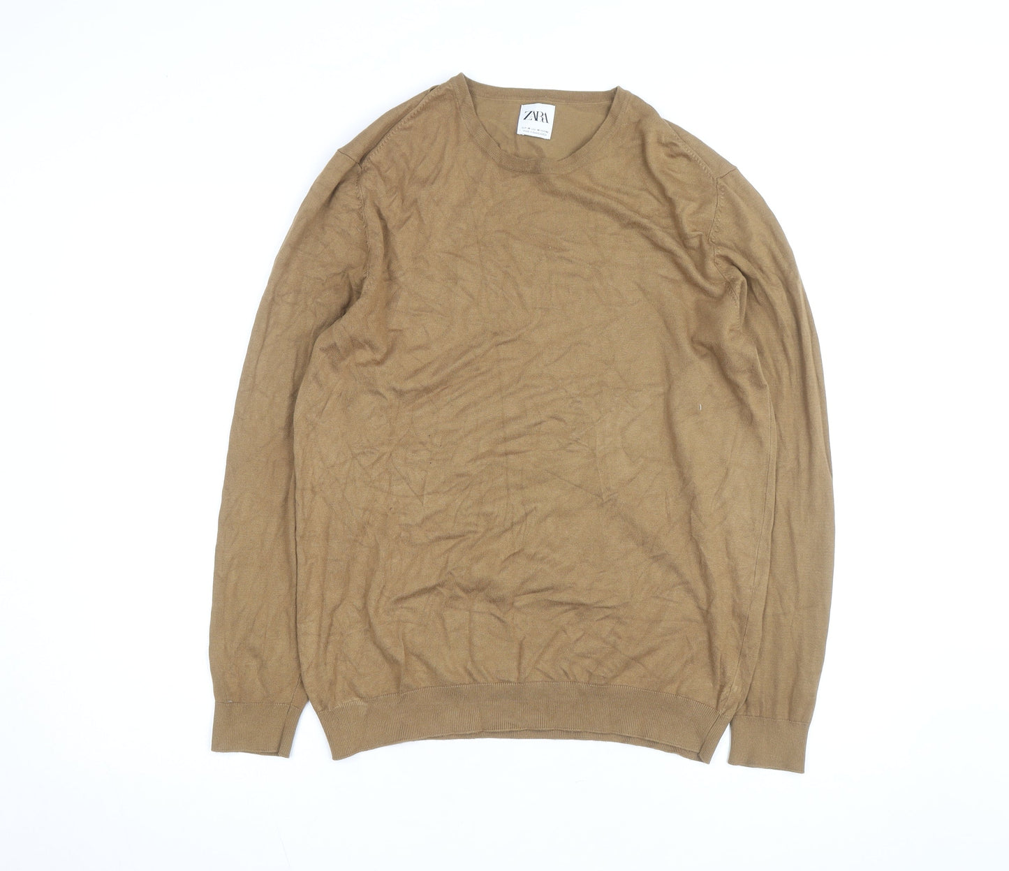 Zara Men Beige Cotton Blend Crew Neck Pullover Jumper M