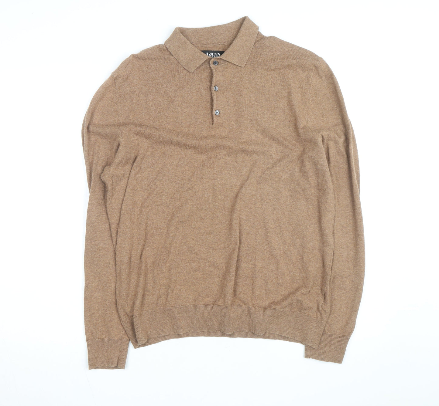 Burton Menswear Men’s Brown Cotton Cashmere Long Sleeve Polo Shirt L