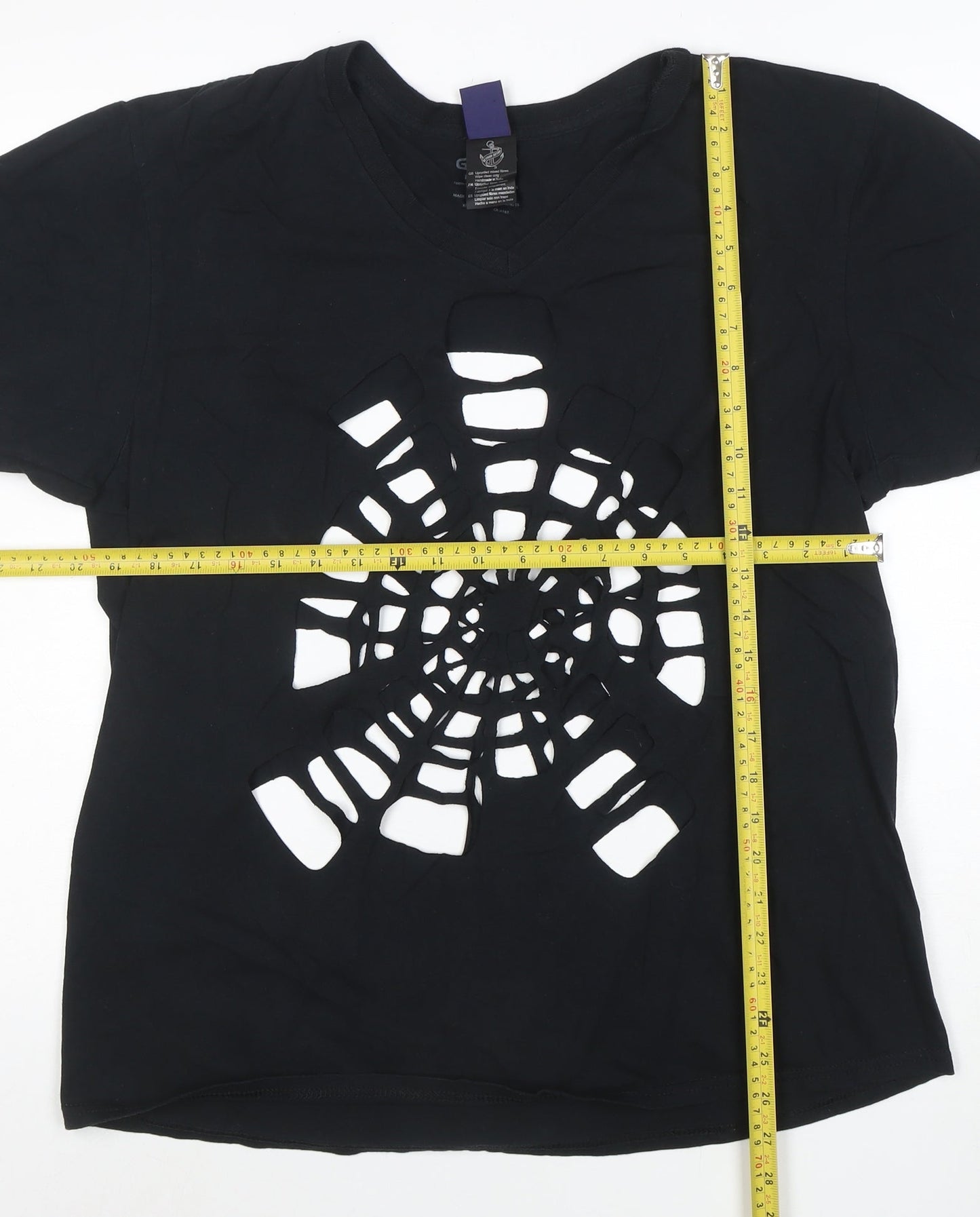 Gildan Men’s Black V-Neck Cut Out Gothic Style Cotton T-Shirt Size L