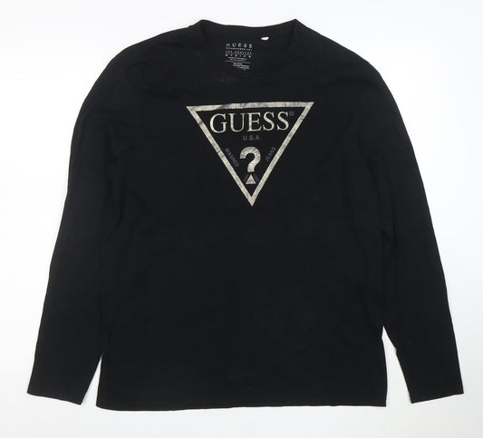 Guess Men's Black Long Sleeve Logo Cotton T-Shirt Medium