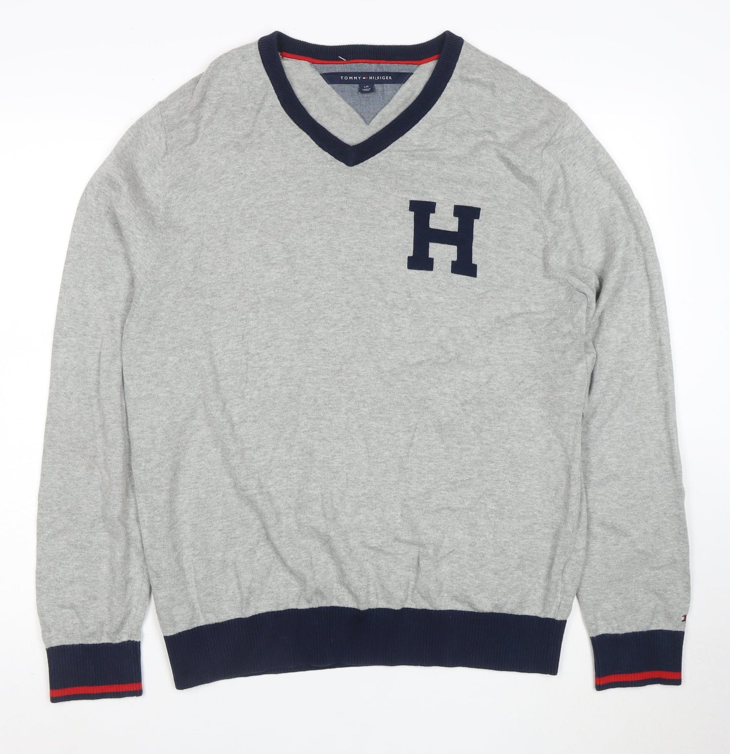 Tommy Hilfiger Men’s Grey V-Neck Cotton Jumper Size L