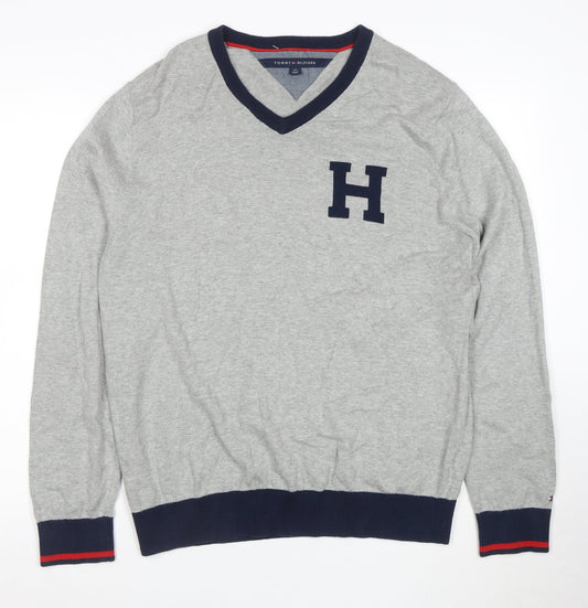 Tommy Hilfiger Men’s Grey V-Neck Cotton Jumper Size L