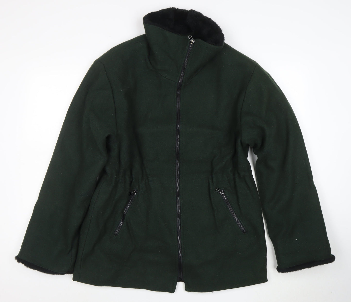 Lodenfrey Women Dark Green Wool Zip Coat with Fur Collar Size M