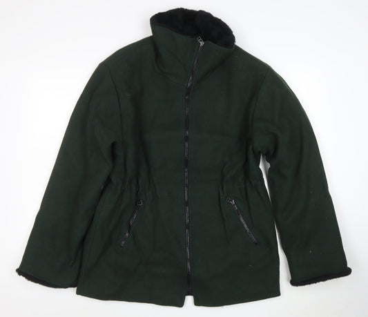 Lodenfrey Women Dark Green Wool Zip Coat with Fur Collar Size M