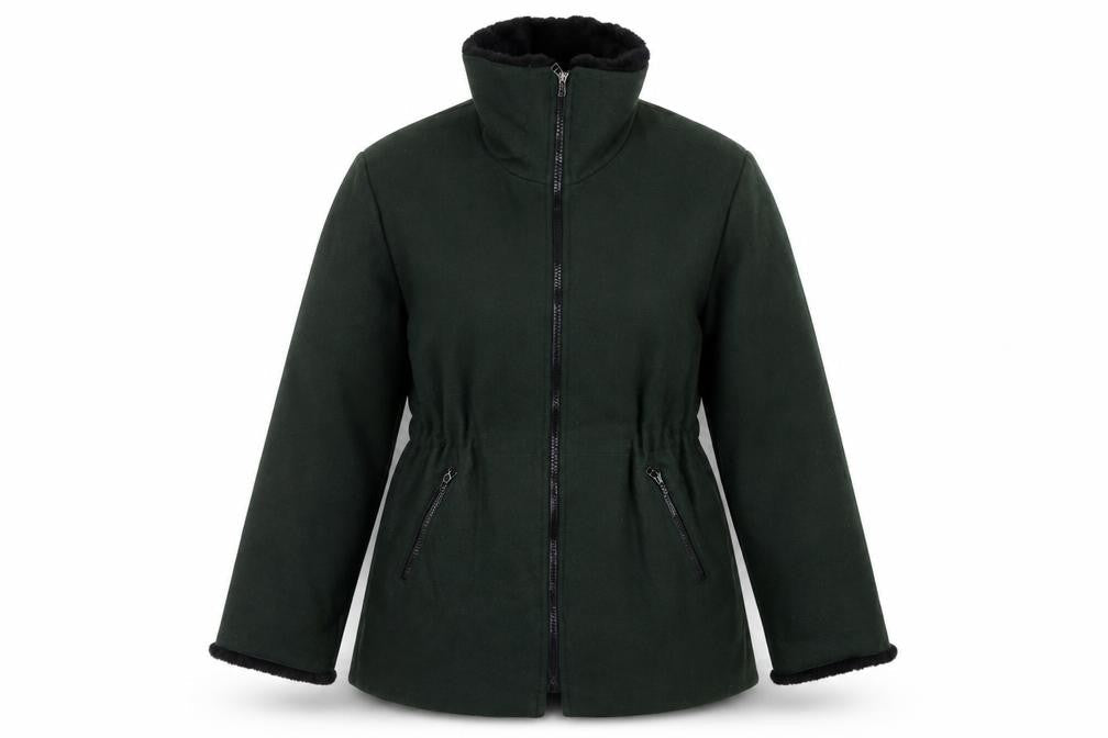 Lodenfrey Women Dark Green Wool Zip Coat with Fur Collar Size M