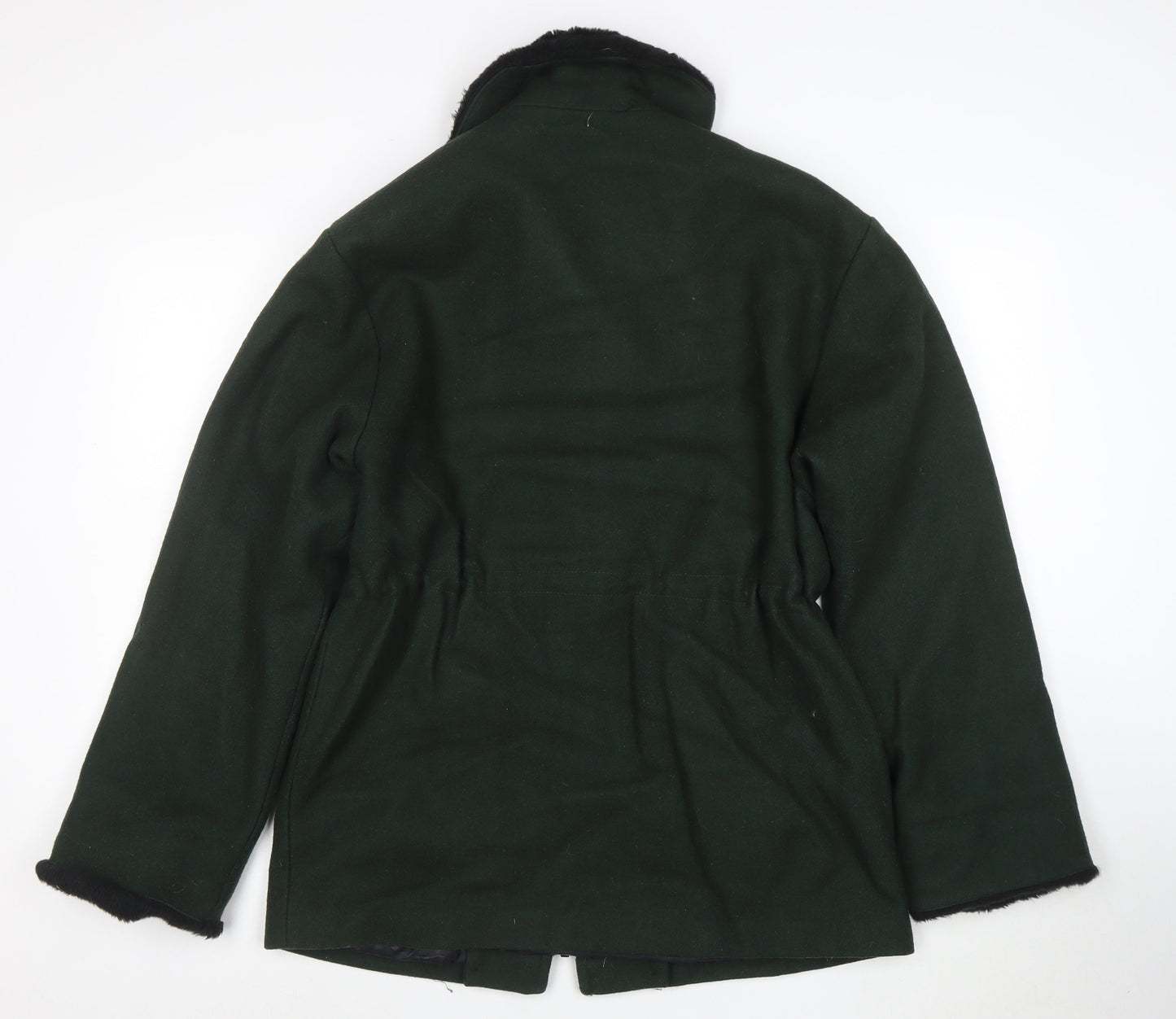 Lodenfrey Women Dark Green Wool Zip Coat with Fur Collar Size M