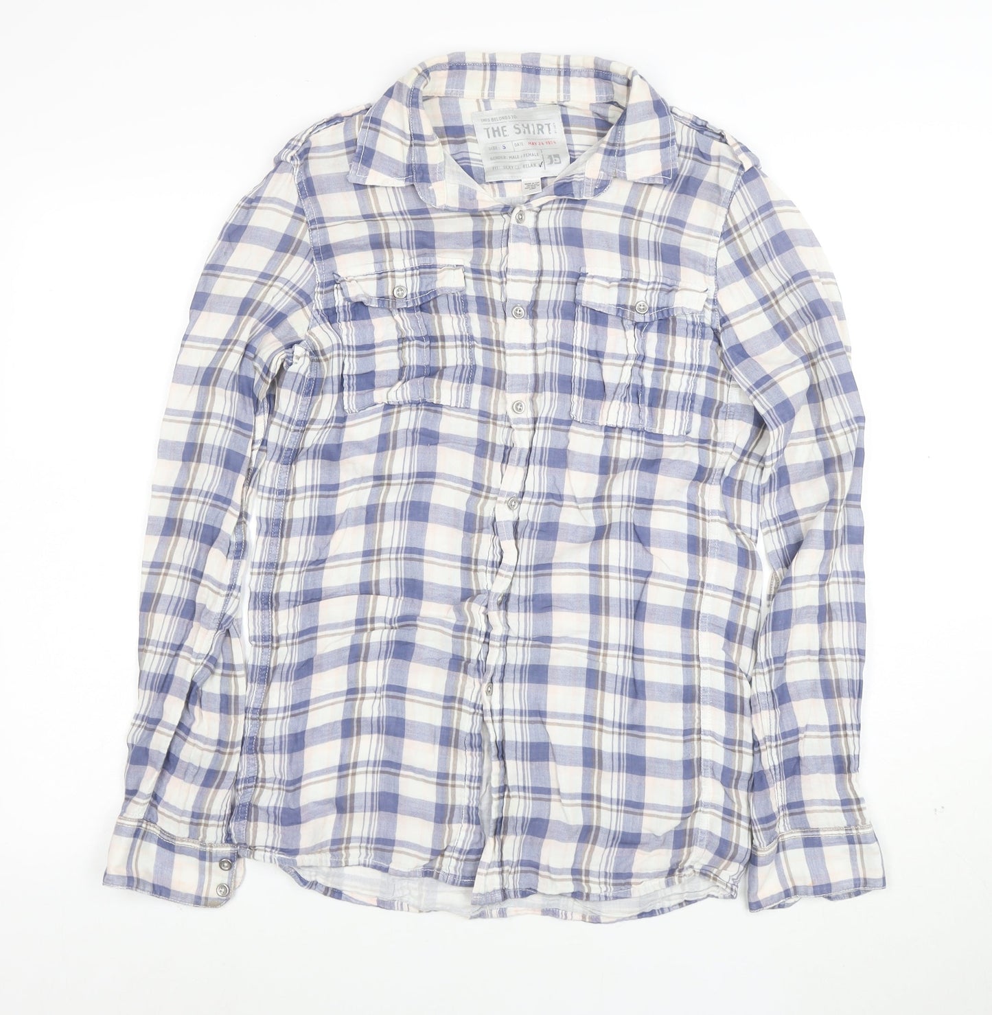 36 Degrees Men's Blue Check Cotton Relaxed Fit Long Sleeve Shirt S