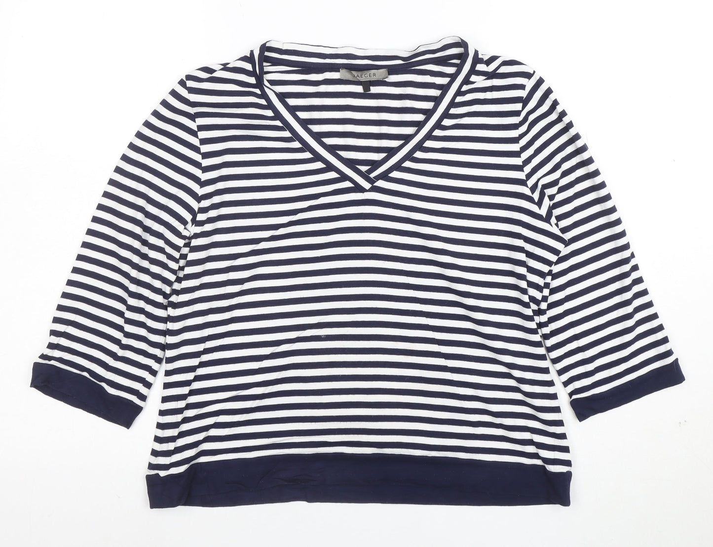 Jaeger Women's Blue White Striped V-Neck Jersey Top Size L