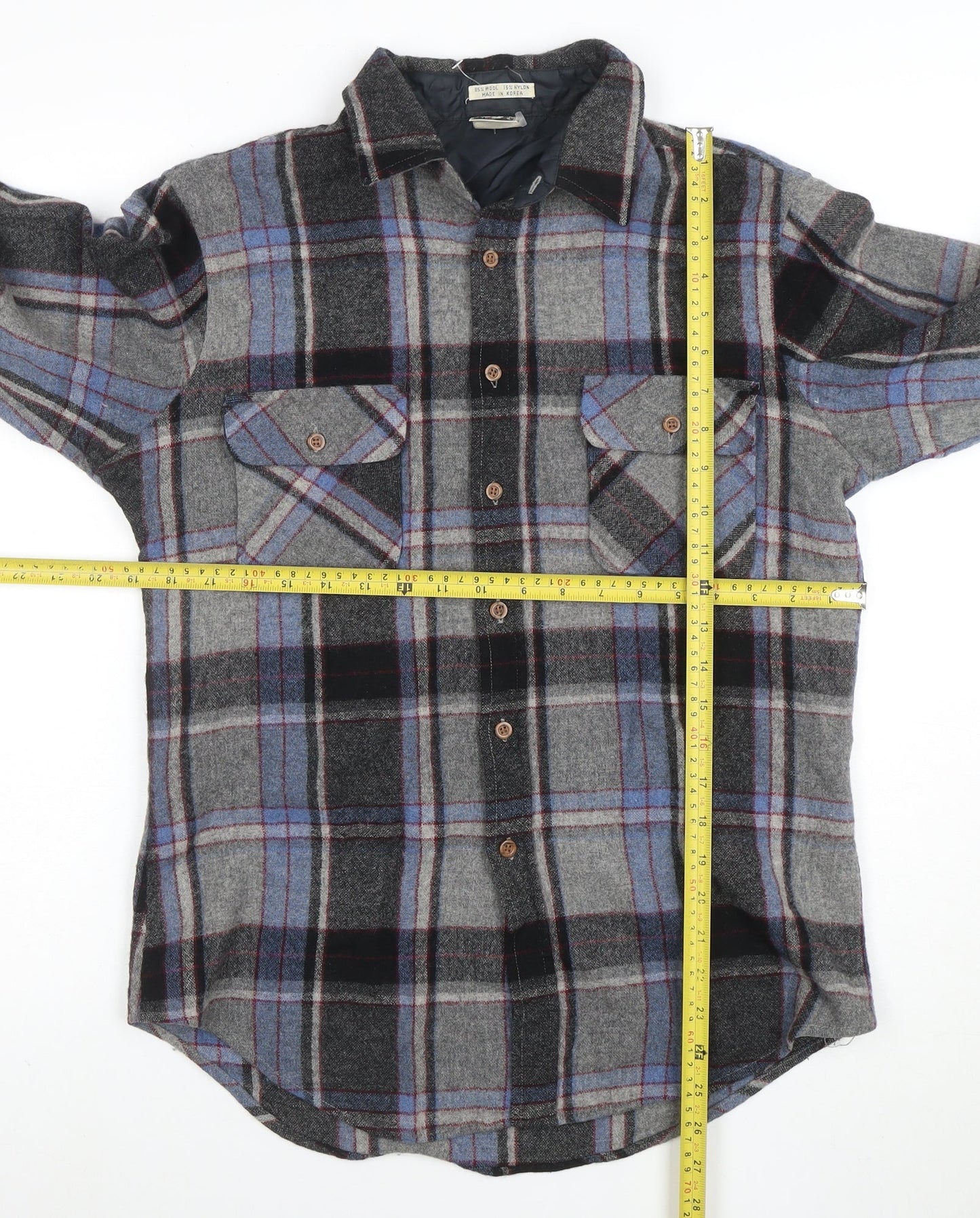 Vintage Campus Men's Grey Plaid Wool Flannel Button-Up Shirt M