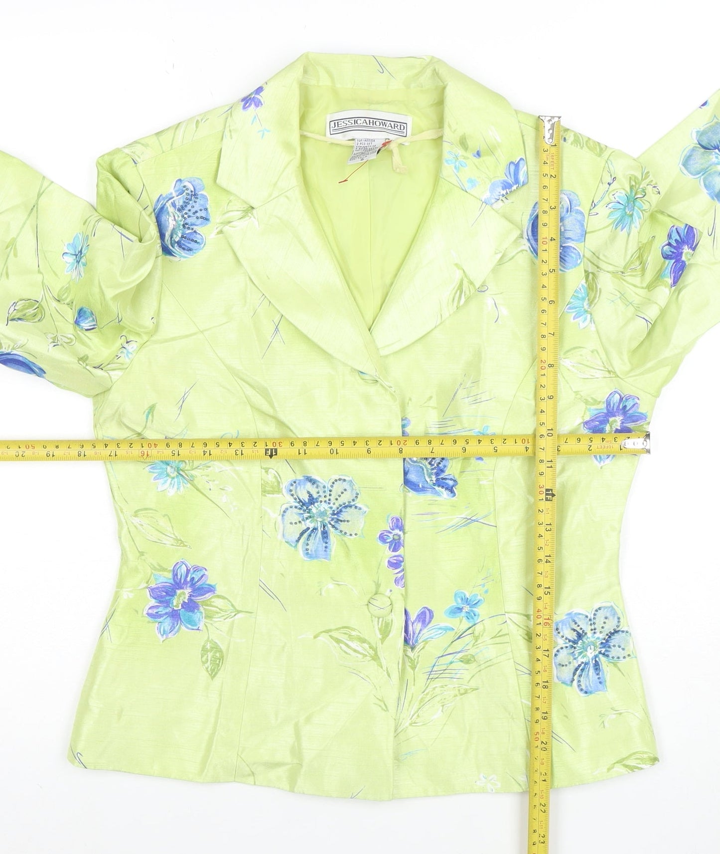 Jessica Howard Women Green Floral Suit Jacket Size 10 Shawl Lapel
