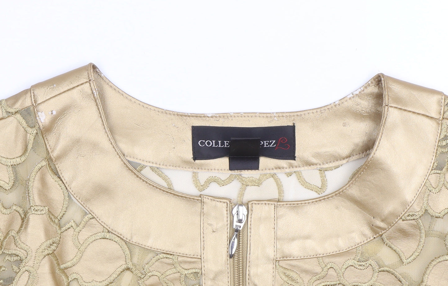 Colleen Lopez Women Gold Floral Embroidered Zip Jacket L Short Formal