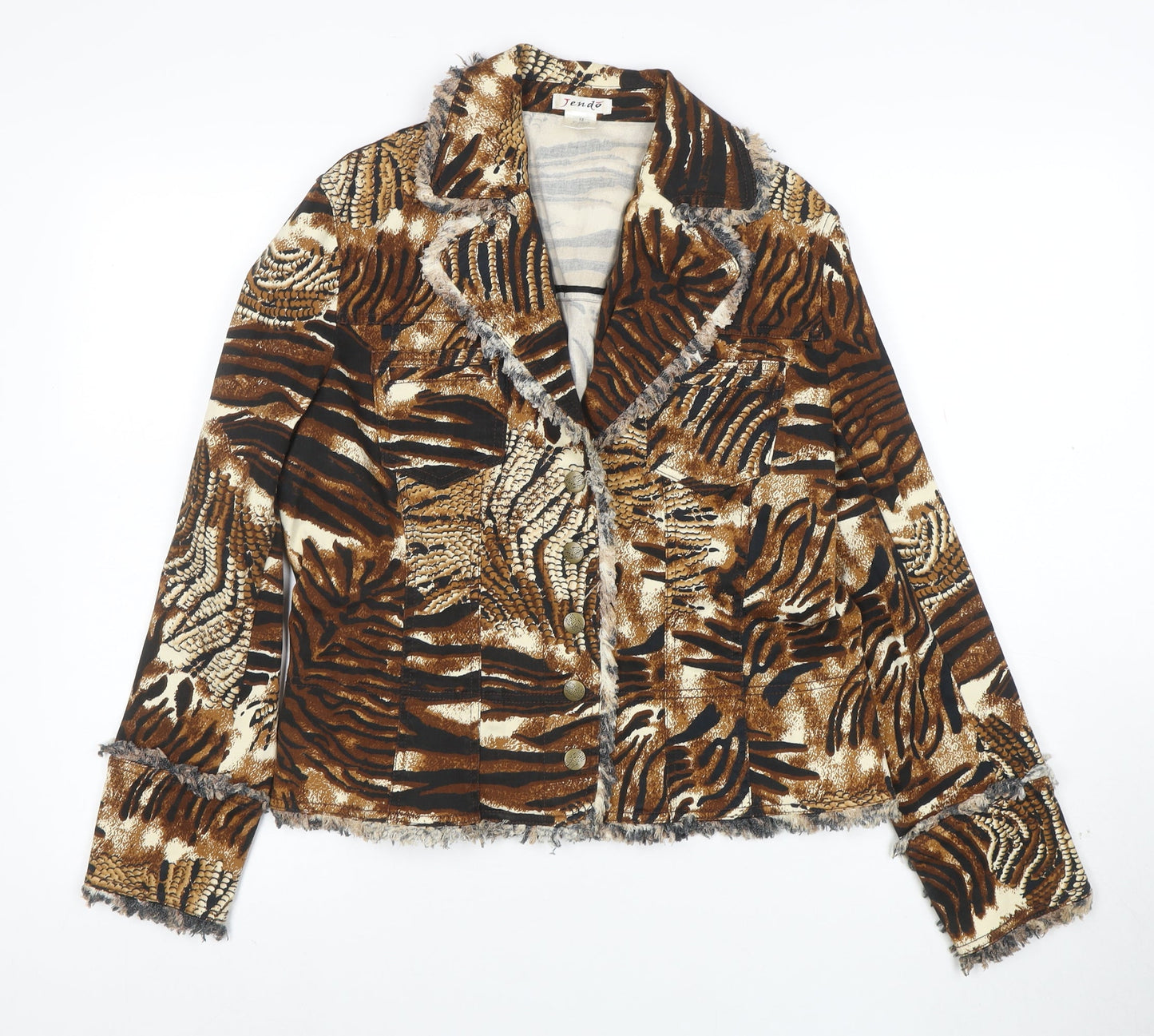 Tendo Womens Brown Animal Print Cotton Blazer Size 12 Jacket
