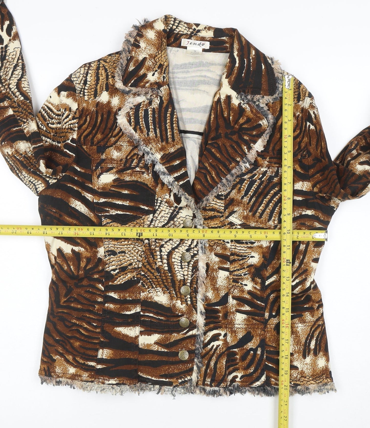 Tendo Womens Brown Animal Print Cotton Blazer Size 12 Jacket