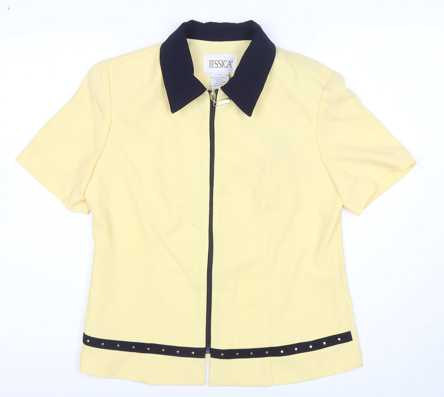 Jessica Womens Yellow Collared Zip Blouse Size 8 Short Sleeve