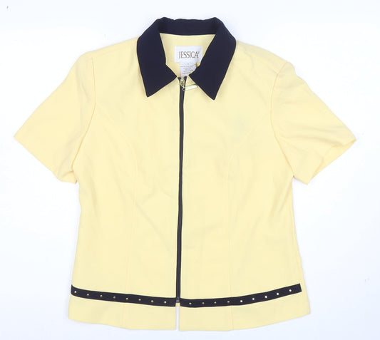 Jessica Womens Yellow Collared Zip Blouse Size 8 Short Sleeve
