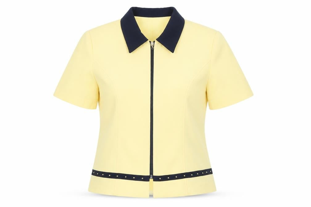 Jessica Womens Yellow Collared Zip Blouse Size 8 Short Sleeve