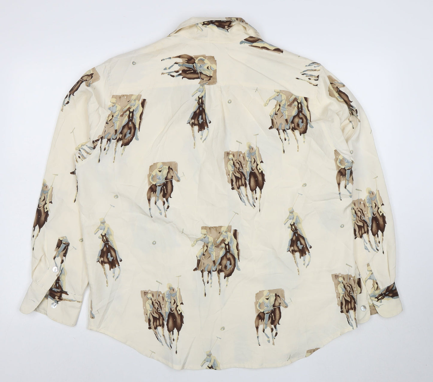 Jones New York Country Women’s Ivory Silk Polo Horse Print Button-Up Shirt Size 12