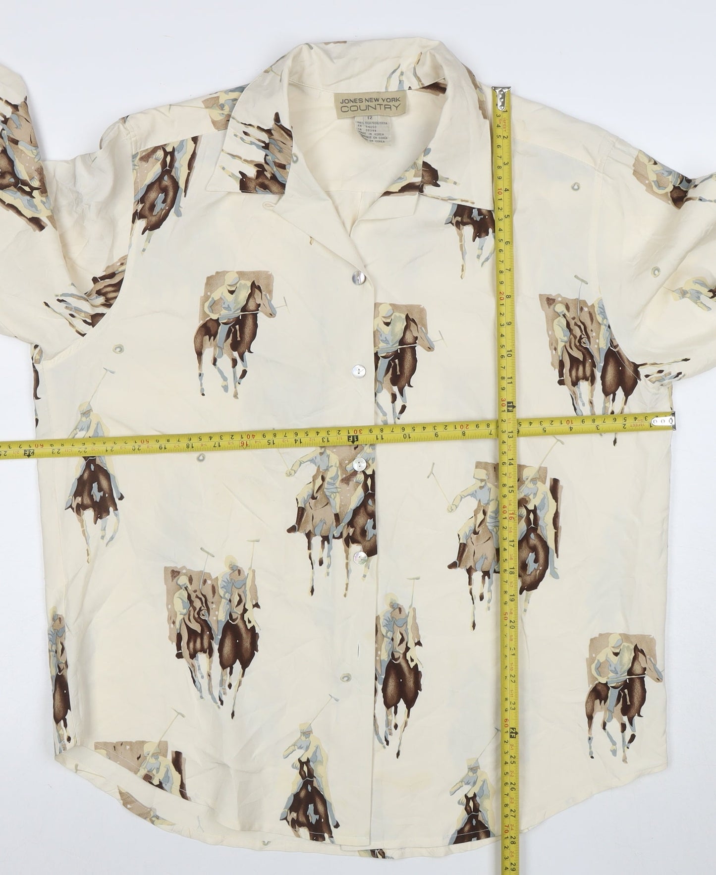 Jones New York Country Women’s Ivory Silk Polo Horse Print Button-Up Shirt Size 12