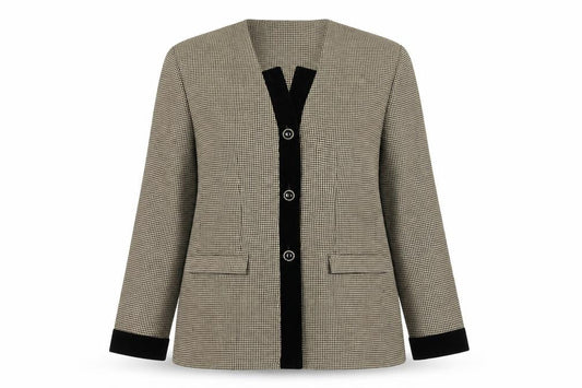 Melissa Harper Womens Beige Houndstooth Velvet Trim Suit Jacket Size 8