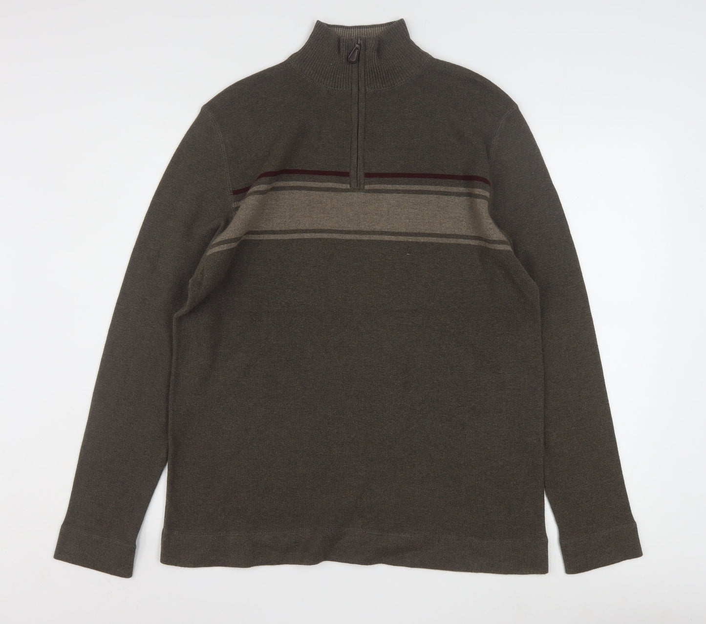 REUNION Men’s Brown 1/4 Zip High Neck Striped Jumper Size L