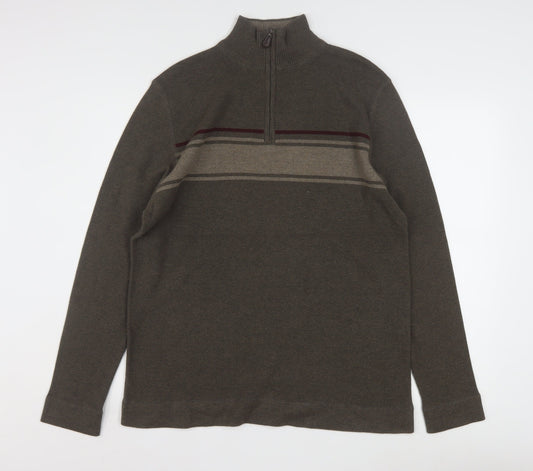 REUNION Men’s Brown 1/4 Zip High Neck Striped Jumper Size L