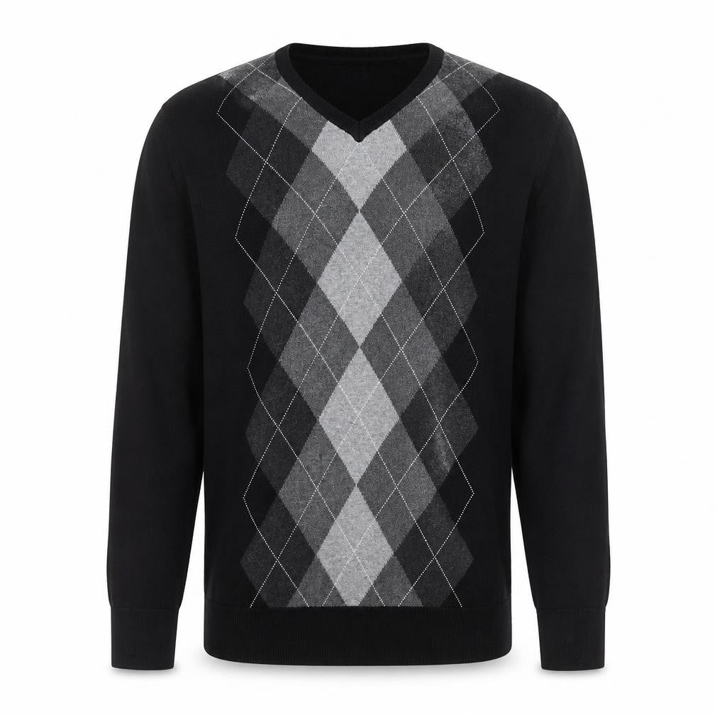 Claiborne Men's Black Argyle V-Neck Cotton Jumper Size M