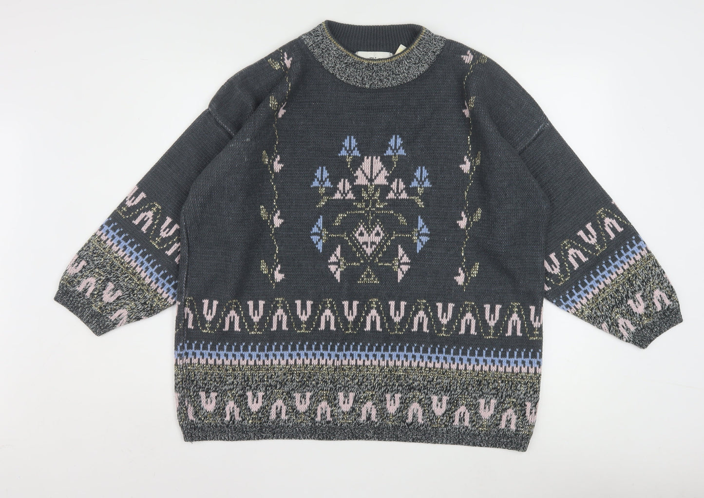 Editions Womens Grey Metallic Knit Bohemian Crew Neck Pullover Jumper One Size