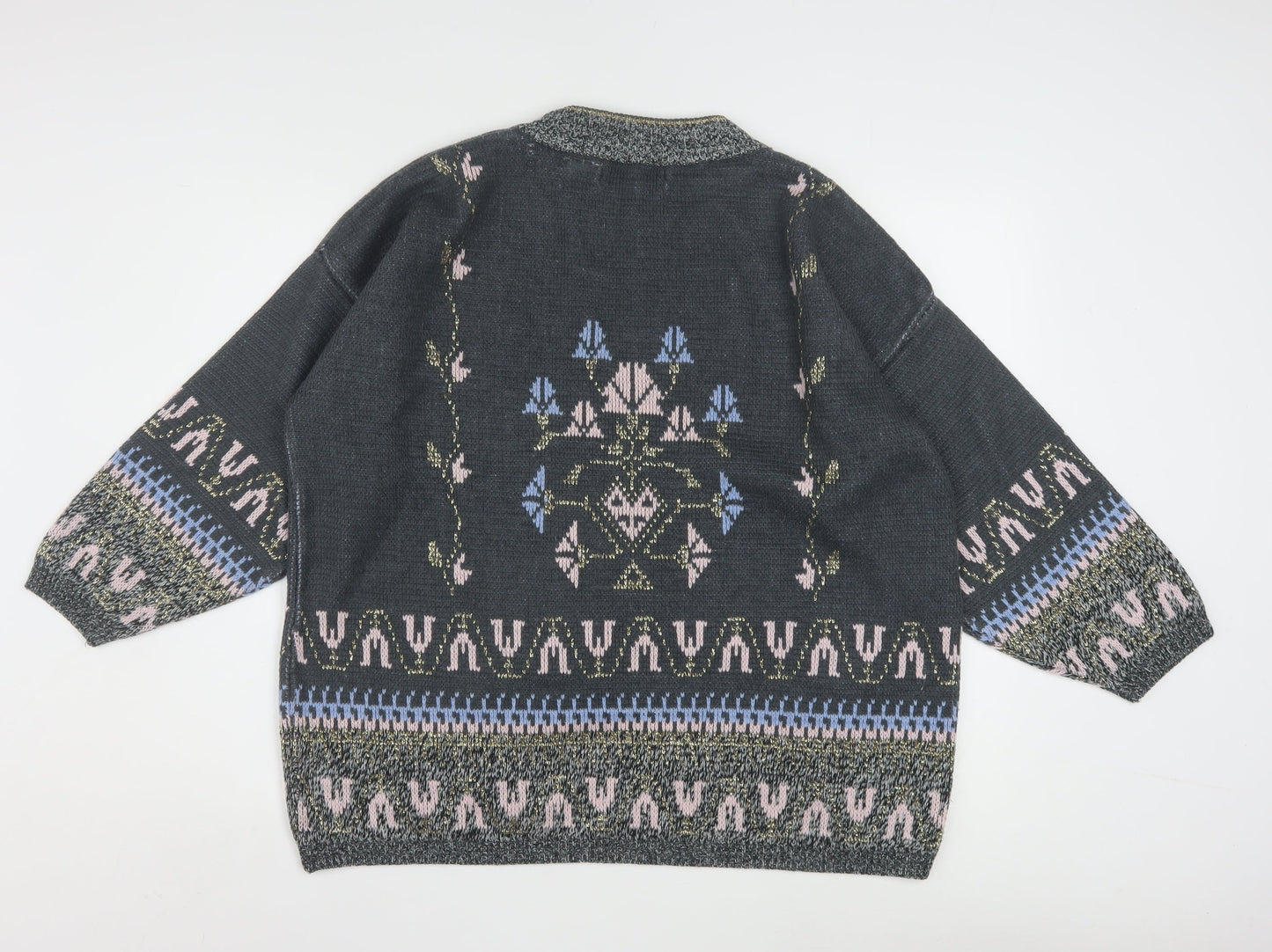 Editions Womens Grey Metallic Knit Bohemian Crew Neck Pullover Jumper One Size