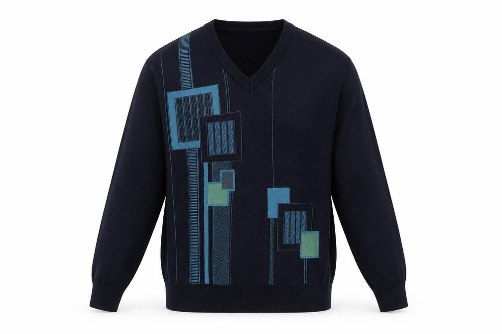 Gabicci Men's Blue Geometric V-Neck Pullover Jumper L Retro Acrylic