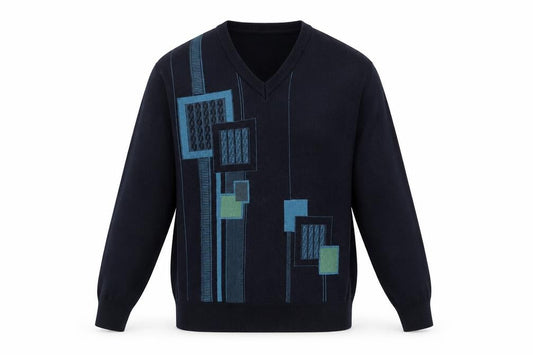 Gabicci Men's Blue Geometric V-Neck Pullover Jumper L Retro Acrylic