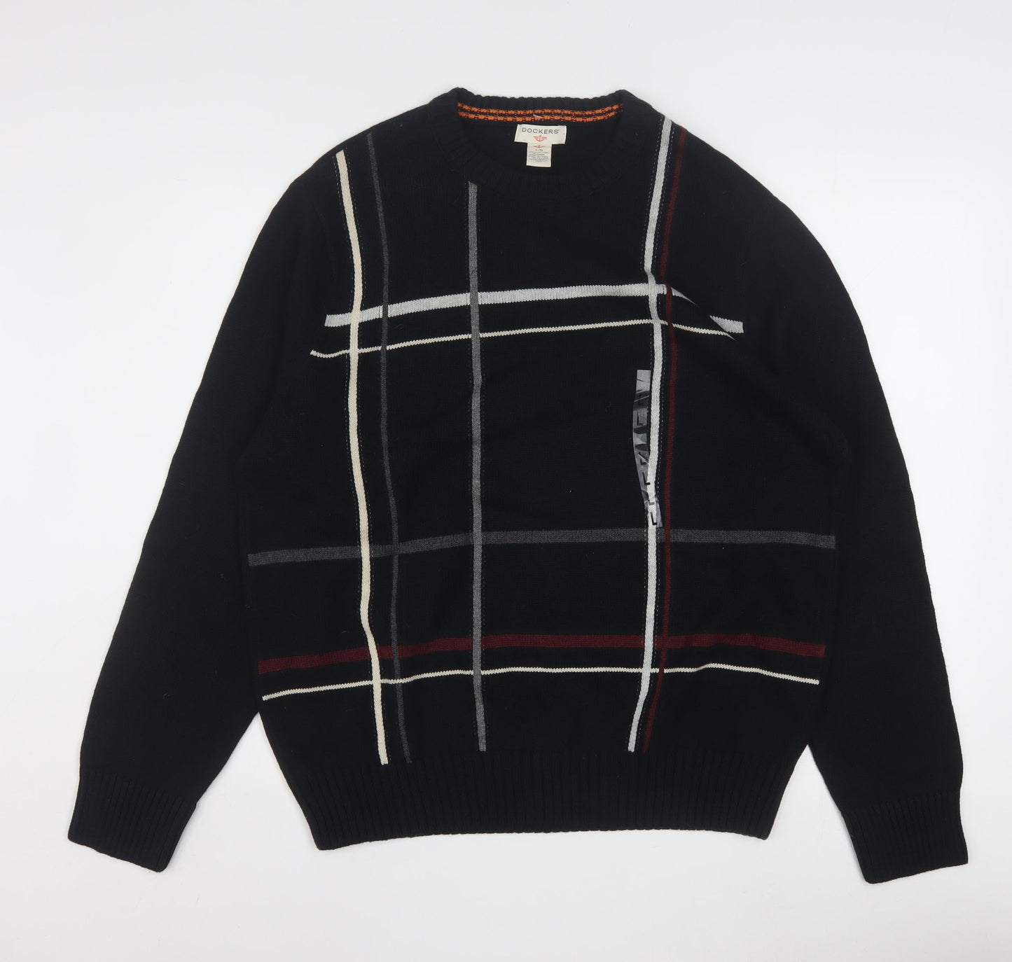 Dockers Men Black Check Cotton Crew Neck Pullover Jumper L