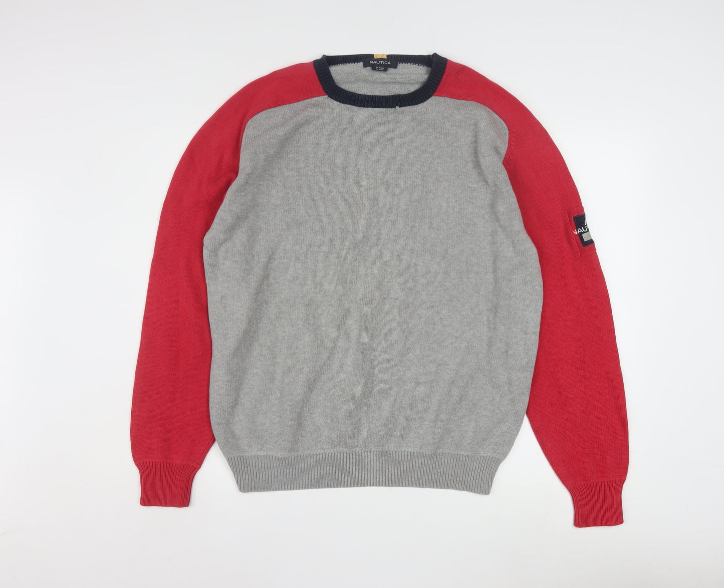Nautica Men's Grey Red Cotton Crew Neck Pullover Jumper M