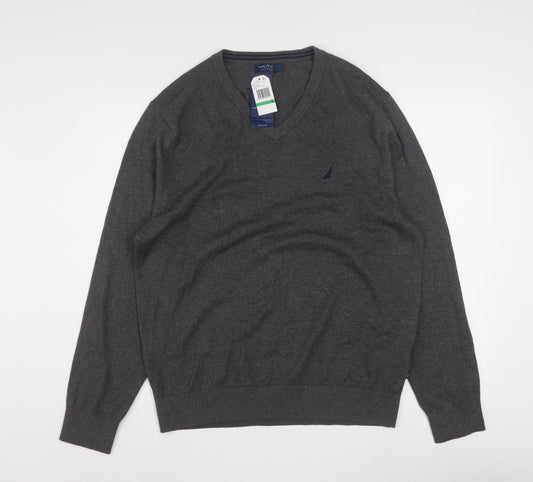 Nautica Men’s Grey V-Neck Pullover Jumper L Cotton Blend