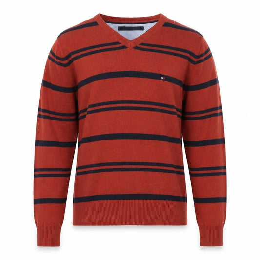 Tommy Hilfiger Men's Red Striped V-Neck Cotton Jumper Size M