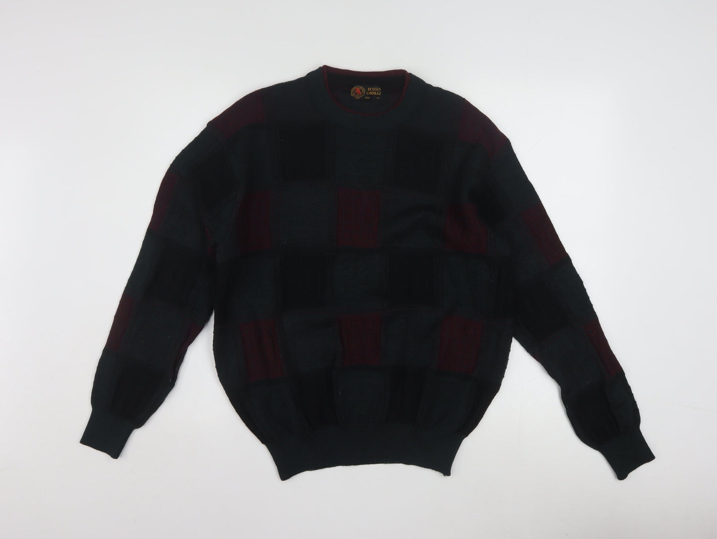 Rosso Cavalli Men's Black Checked Wool Pullover Jumper L Classic Fit