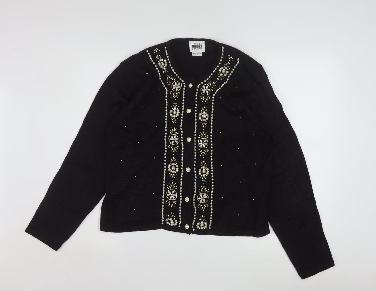 Leslie Fay Womens Black Beaded Petite Cardigan Size M