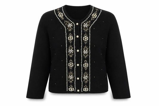 Leslie Fay Womens Black Beaded Petite Cardigan Size M