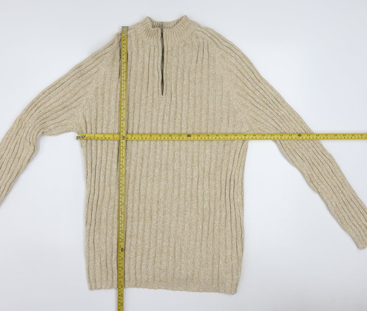 Faded Glory Men’s Beige XL 1/4 Zip Mock Neck Chunky Knit Jumper