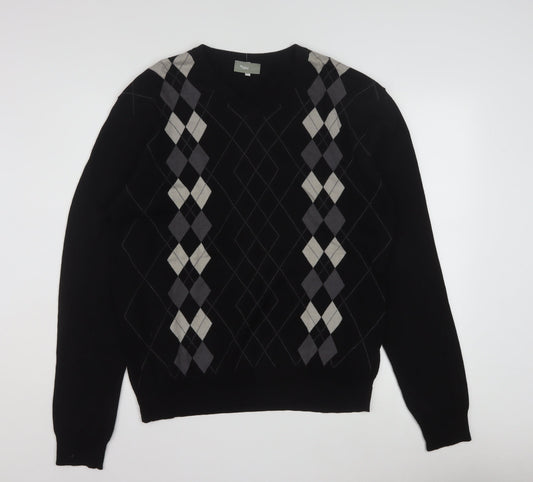Nassmon Men's Black Argyle V-Neck Pullover Jumper Size L