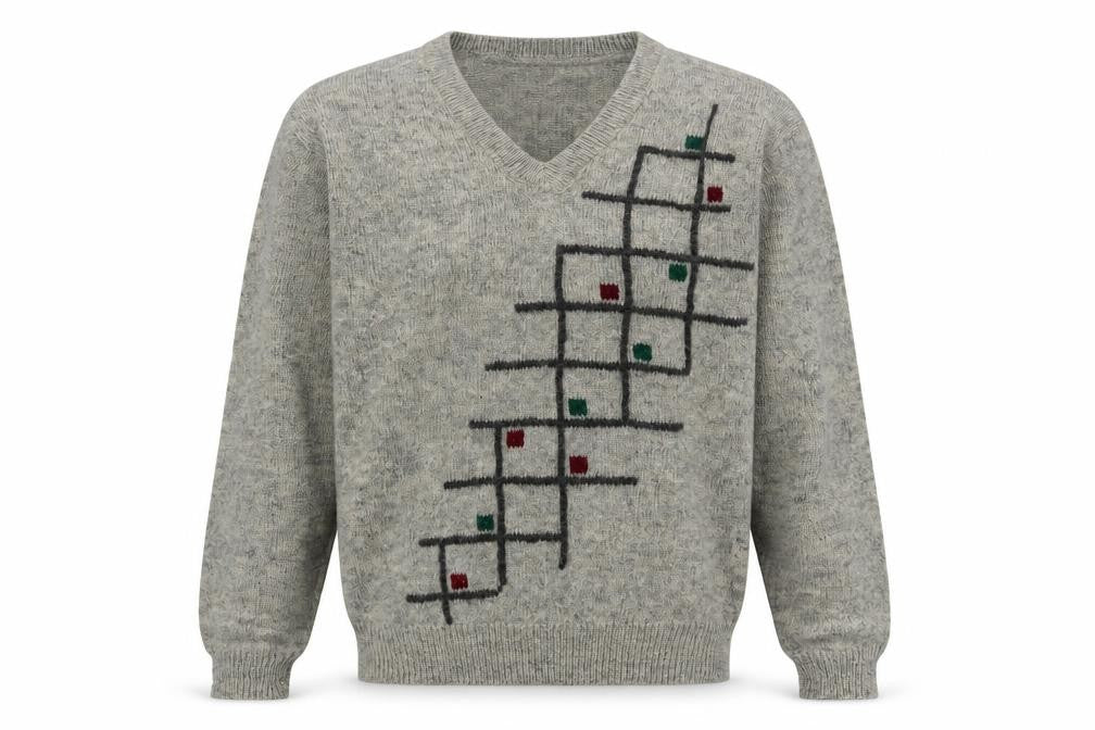 Friendship Men's Grey Wool V-Neck Geometric Pullover Jumper L