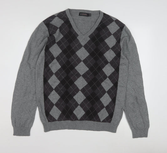 Ambassador Collection Men's Grey Argyle V-Neck Cotton Jumper Size L