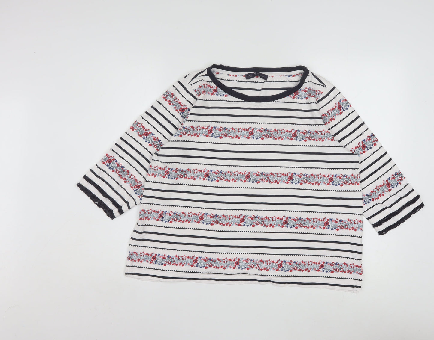 Marks and Spencer Womens Ivory Floral Stripe Cotton 3/4 Sleeve Petite T-Shirt Size 18