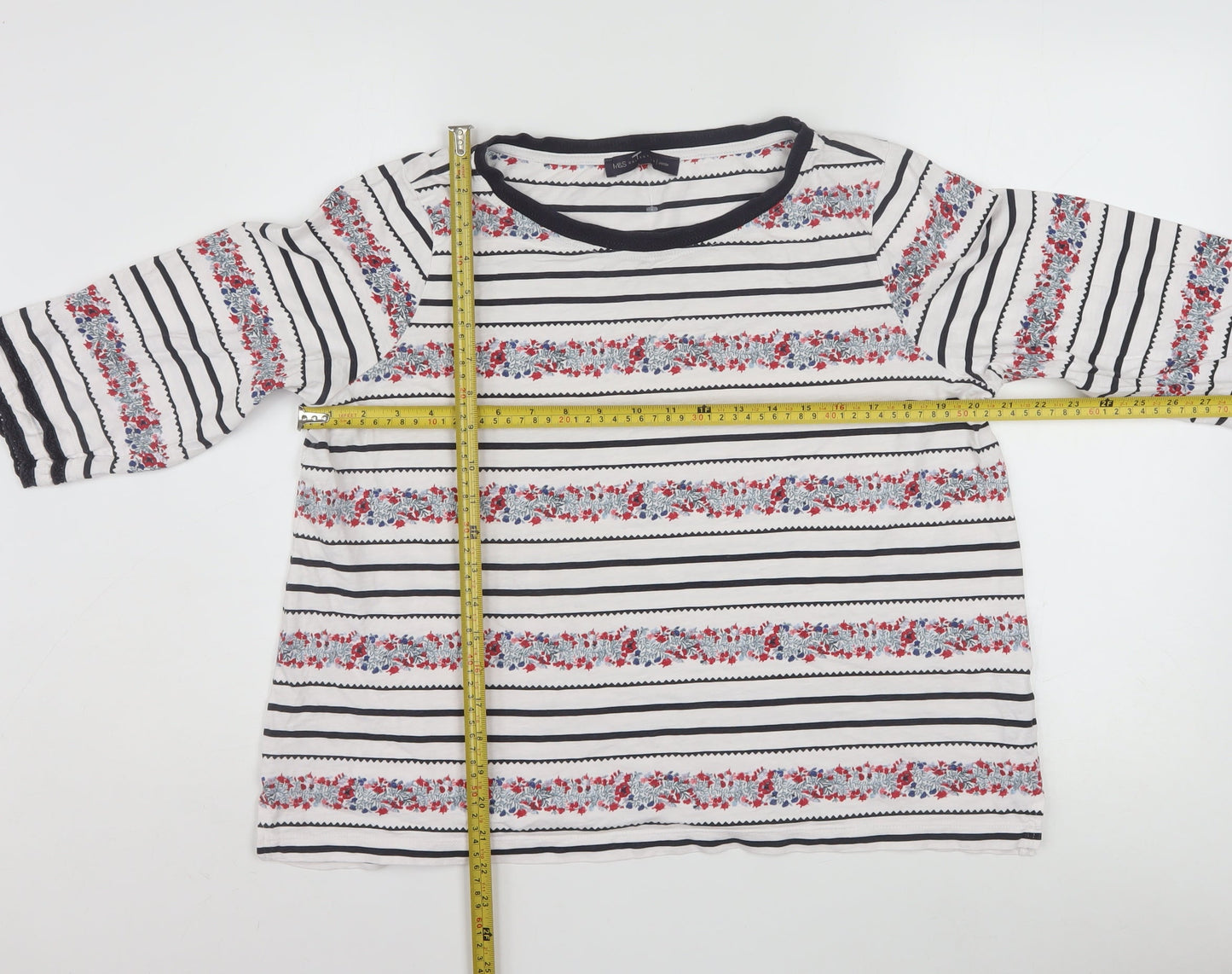 Marks and Spencer Womens Ivory Floral Stripe Cotton 3/4 Sleeve Petite T-Shirt Size 18