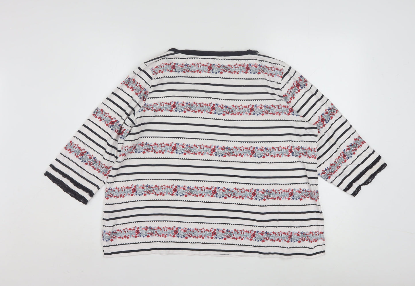 Marks and Spencer Womens Ivory Floral Stripe Cotton 3/4 Sleeve Petite T-Shirt Size 18